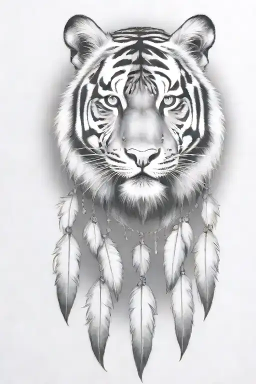 tiger with feathers dangling jems and crystals tattoo design idea