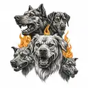 hell hound 3 heads with flames tattoo design idea
