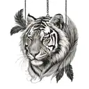 tiger with long feathers on  hanging  tattoo design idea