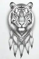 tiger with feathers dangling jems and crystals tattoo design idea