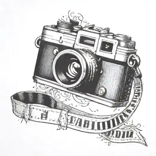 A vintage film camera with a film strip wrapping around the arm tattoo design idea