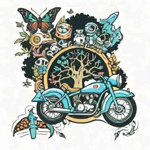 tree of life with minor helmet, peace sign, astronauts and butterflies  tattoo design idea
