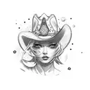western cosmic cowgirl tattoo arm sleeve with a scenery background tattoo design idea