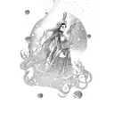 western cosmic cowgirl tattoo arm sleeve with a scenery background tattoo design idea