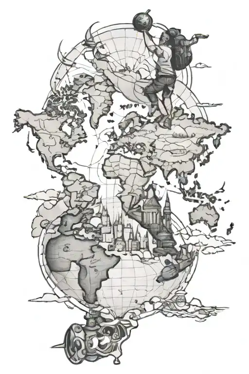 self made man on top of world map tattoo design idea