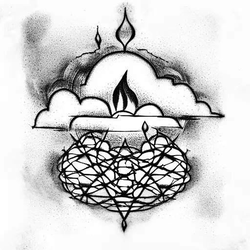 Cloud with fire and text "son of god" tattoo design idea