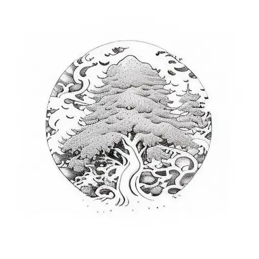 Offene Hände, über den Händen ein Sätzling in einem heiligen, der Sätzling ist von einem Baum umschlossen, Früchte  tattoo design idea