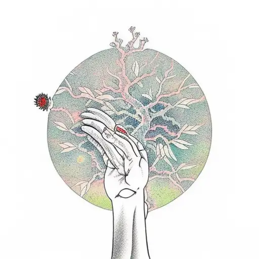 Open hands, above the hands a seedling in a holy glow wrapped in a tree tattoo design idea