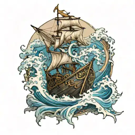 Poseidon with a ancient boat hitting a big wave tattoo design idea