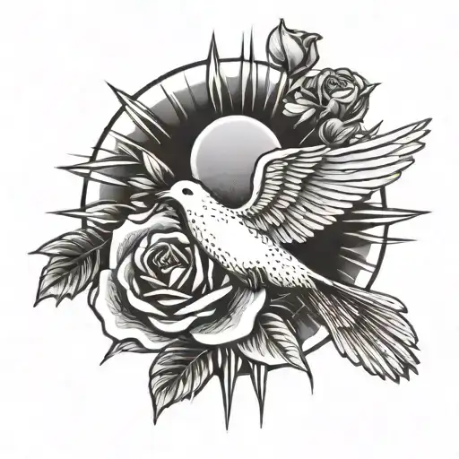 sun rays and dove with rose in its mouth tattoo design idea