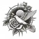 sun rays and dove with rose in its mouth tattoo design idea