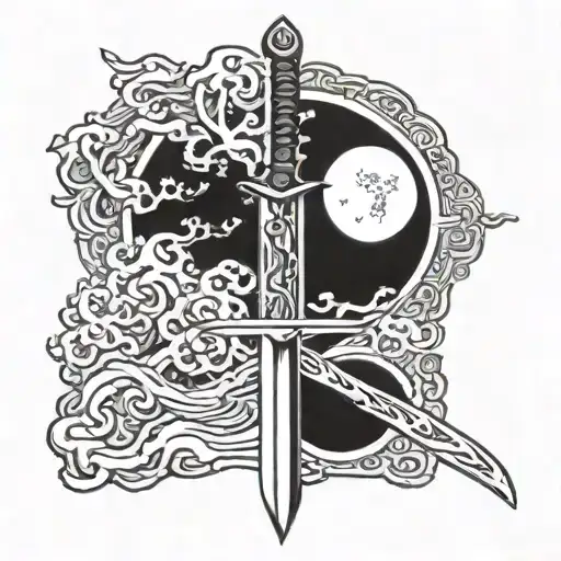 sword and moon with japanese style tattoo design idea