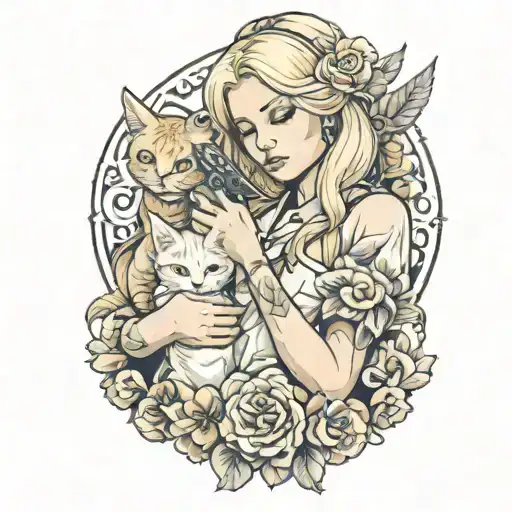 angelic blonde woman holding smoking gun and kitten  tattoo design idea