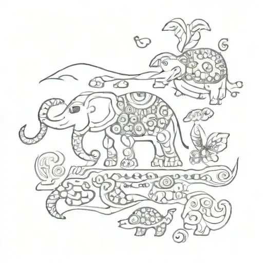 A tribal pattern made up of tiny elephants, owls, and turtles tattoo design idea