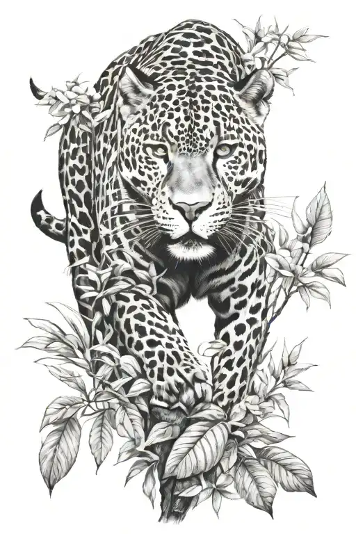 black jaguar nature elements like trees tattoo design idea