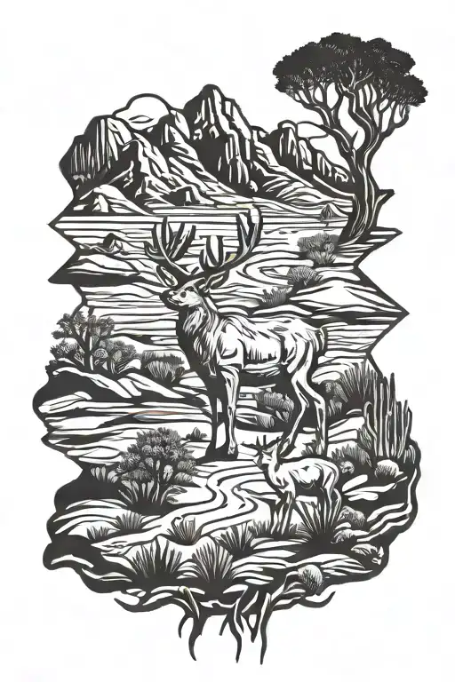 desert landscape, plateau, mule deer antlers tattoo design idea