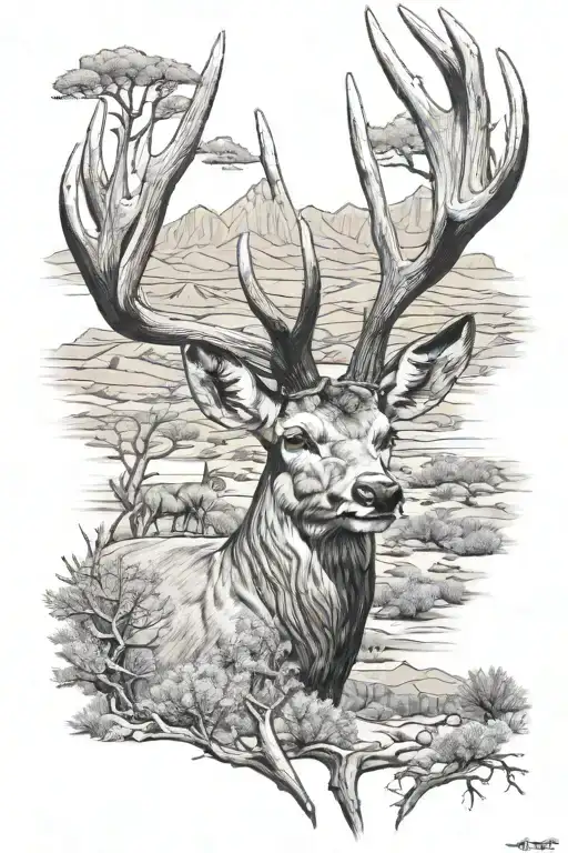 desert landscape, plateau, mule deer antlers tattoo design idea