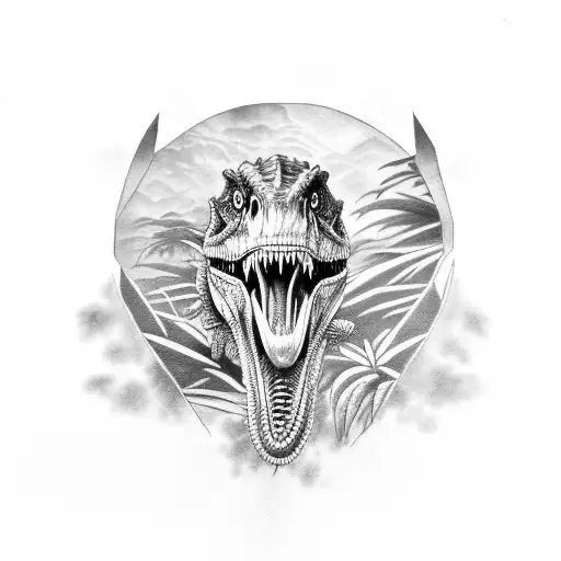 blue raptor, dinosaur family in a jungle looking in front  tattoo design idea