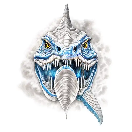 blue raptor dinosaur in a jungle looking in front  tattoo design idea