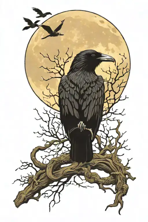 Raven with snake eyes full Moon behind, small ravens flying in the distance  tattoo design idea