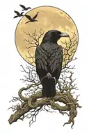 Raven with snake eyes full Moon behind, small ravens flying in the distance  tattoo design idea