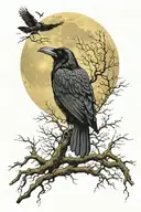 Raven with snake eyes full Moon behind, small ravens flying in the distance  tattoo design idea