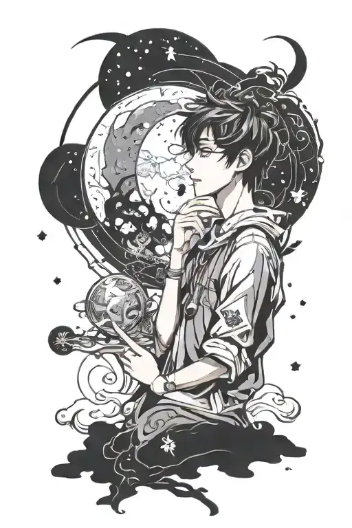 one sided love with korean touch, sight of a boy waiting for his girl to comeback and a moon embedded "Selene" word tattoo design idea