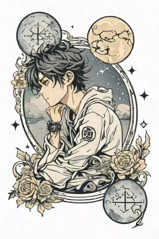 one sided love with korean touch, sight of a boy waiting for his girl to comeback and a moon embedded "Selene" word tattoo design idea