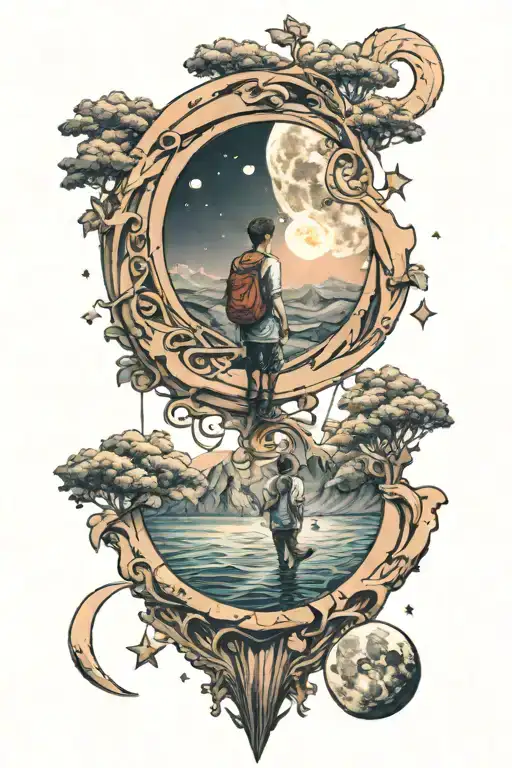 one sided love with aesthetic touch, sight of a boy waiting for his girl to comeback and a moon embedded with 셀레네  tattoo design idea