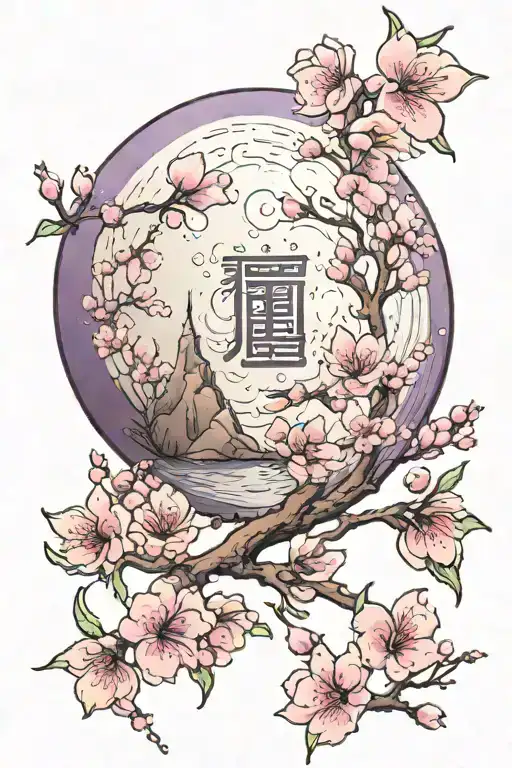 셀레네  word carved on moon with purple shade, and some cherry blossom with aesthetic vibes tattoo design idea