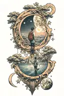 one sided love with aesthetic touch, sight of a boy waiting for his girl to comeback and a moon embedded with 셀레네  tattoo design idea