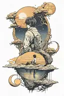 one sided love with aesthetic touch, sight of a boy waiting for his girl to comeback and a moon embedded with 셀레네  tattoo design idea