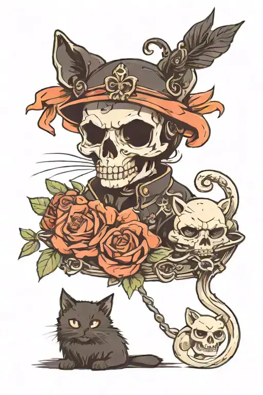 Skull and Cute Black Cat tattoo design idea