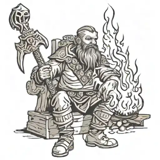Bogatyr by the fire: A scene where a bearded bogatyr sits by the fire, pensively looking into the flames. In one hand he holds an axe, tattoo design idea