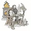 Bogatyr by the fire: A scene where a bearded bogatyr sits by the fire, pensively looking into the flames. In one hand he holds an axe, tattoo design idea