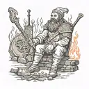Bogatyr by the fire: A scene where a bearded bogatyr sits by the fire, pensively looking into the flames. In one hand he holds an axe, tattoo design idea