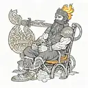 Bogatyr by the fire: A scene where a bearded bogatyr sits by the fire, pensively looking into the flames. In one hand he holds an axe, tattoo design idea