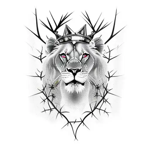 A lioness with a crown made of thorns tattoo design idea