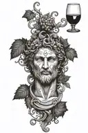a bust of Dionysus with vines and wine glass tattoo design idea