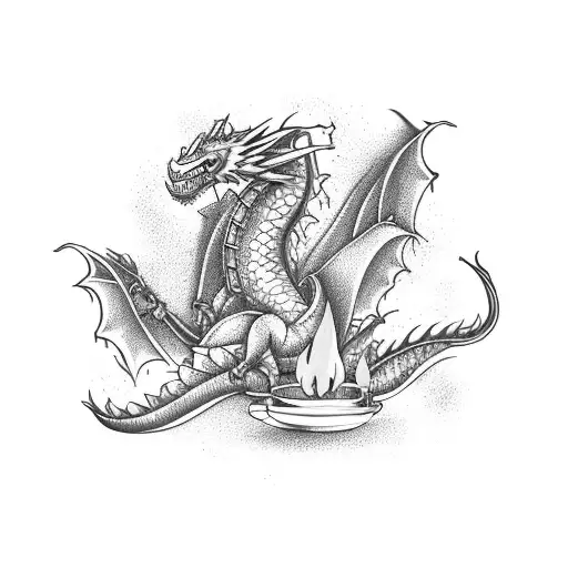 A fierce dragon cooking over a flaming stove tattoo design idea