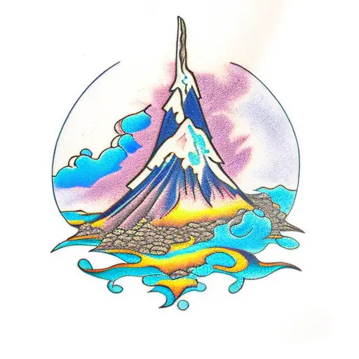 blue and black volcano tattoo design idea