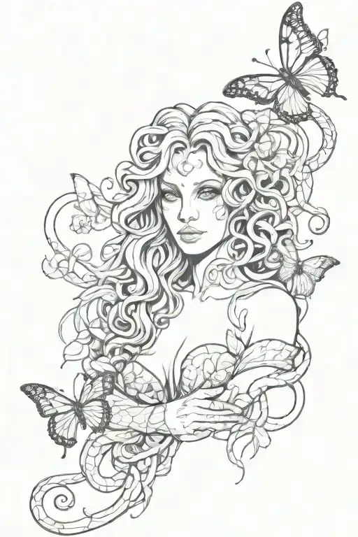 medusa with half of her body as a snake holding a heart in her hand with a hole in her chest and dead butterflies  tattoo design idea
