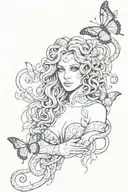 medusa with half of her body as a snake holding a heart in her hand with a hole in her chest and dead butterflies  tattoo design idea