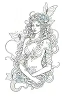 medusa with half of her body as a snake holding a heart in her hand with a hole in her chest and dead butterflies  tattoo design idea