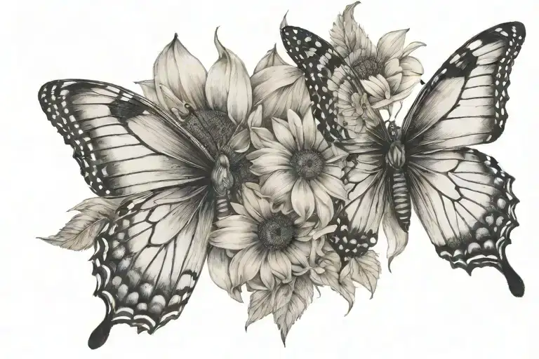 january birth flower intertwined with May birth flower and a sunflower with a butterfly  tattoo design idea