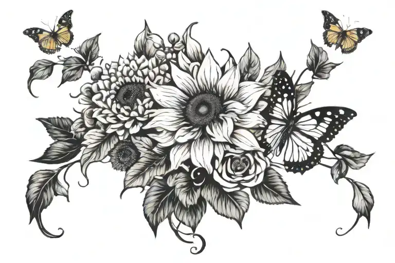 January birth flower and May birth flower mixed with sunflowers and a butterfly  tattoo design idea