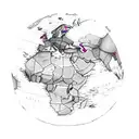 A detailed world map with dotted lines connecting various cricket stadiums around the globe, showcasing the client's love for travel and cricket. tattoo design idea