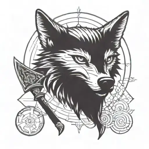 Incorporate symbols from the Destiny Rise of Iron expansion into a blackwork design of a wolf and axe tattoo design idea