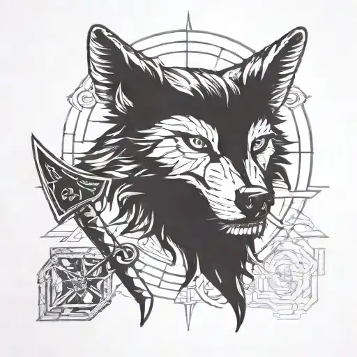 Incorporate symbols from the Destiny Rise of Iron expansion into a blackwork design of a wolf and axe tattoo design idea