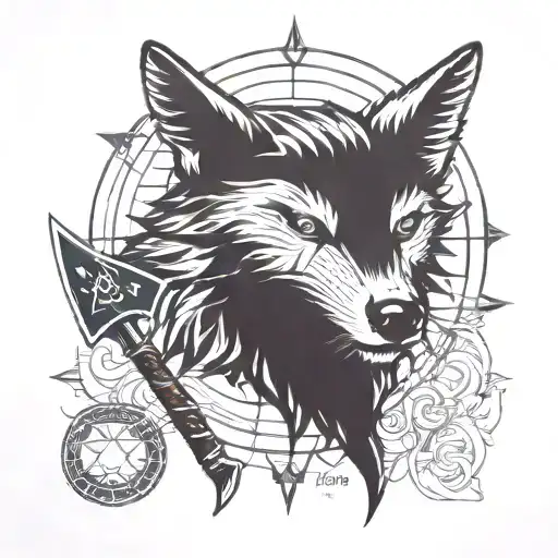 Incorporate symbols from the Destiny Rise of Iron expansion into a blackwork design of a wolf and axe tattoo design idea